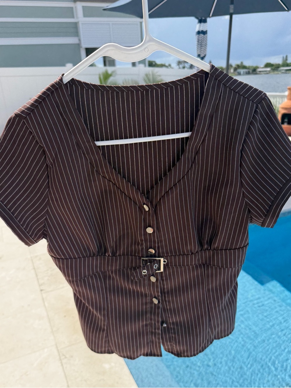 SHEIN Brown Pinstripe V-Neck Button Front Top with Buckle - Picture 3 of 3